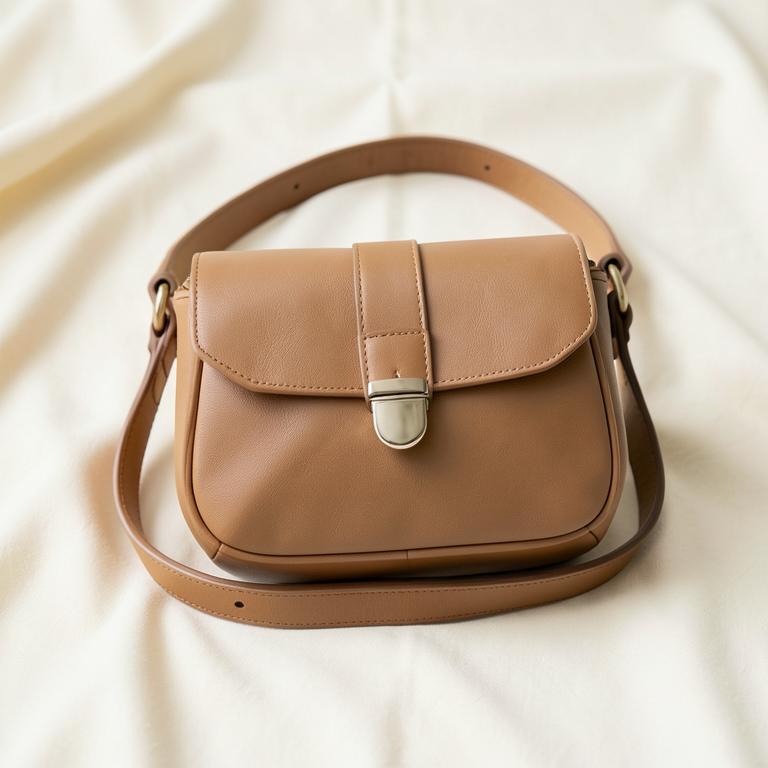 Structured tan leather shoulder bag with turnlock clasp