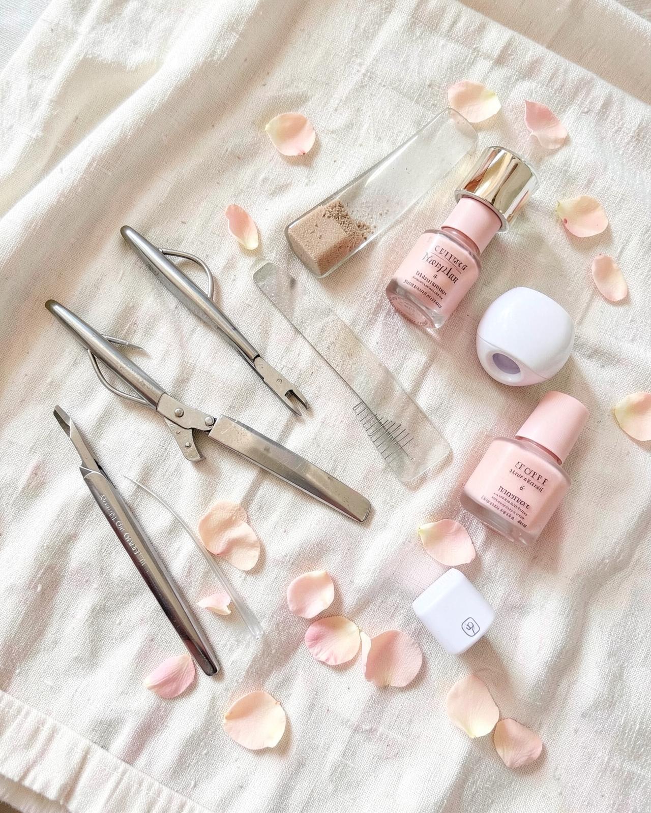 DIY manicure tools flat-lay: nail clippers, cuticle nipper, glass file and pastel gel polish bottles on cream linen with rose petals