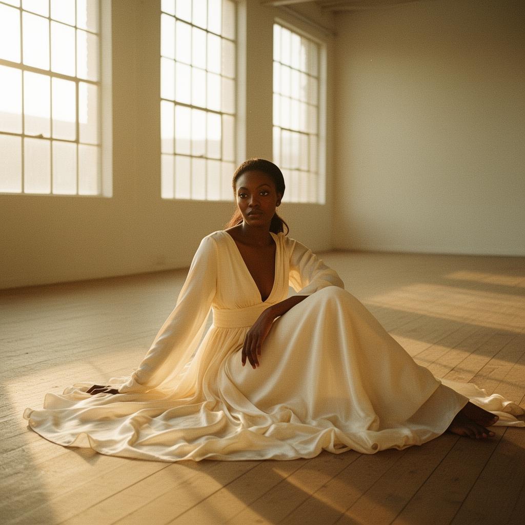 Cover editorial — a woman in cream silk in a sun-drenched loft