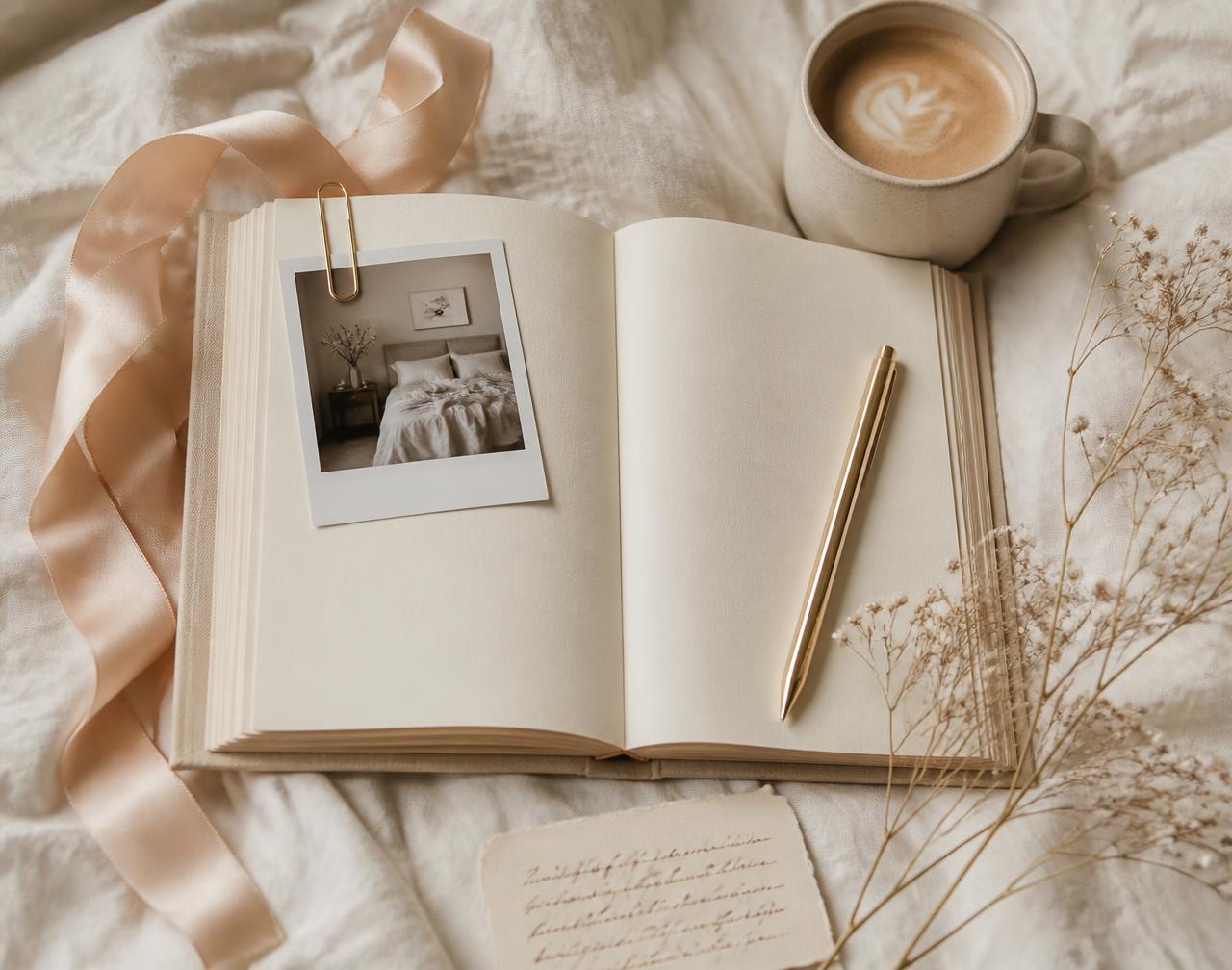 An open cream journal on linen with coffee, a polaroid, silk ribbon, a gold pen and soft flowers.