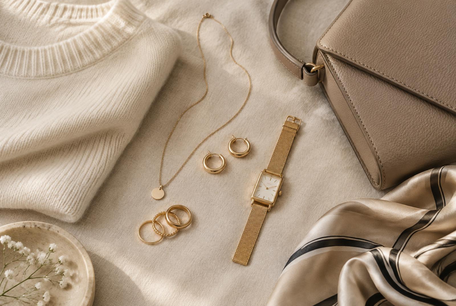 Flat lay of minimalist accessories on cream linen: a thin gold chain necklace, small gold hoops, stacking rings, a slim gold watch, a structured taupe leather bag and a silk scarf