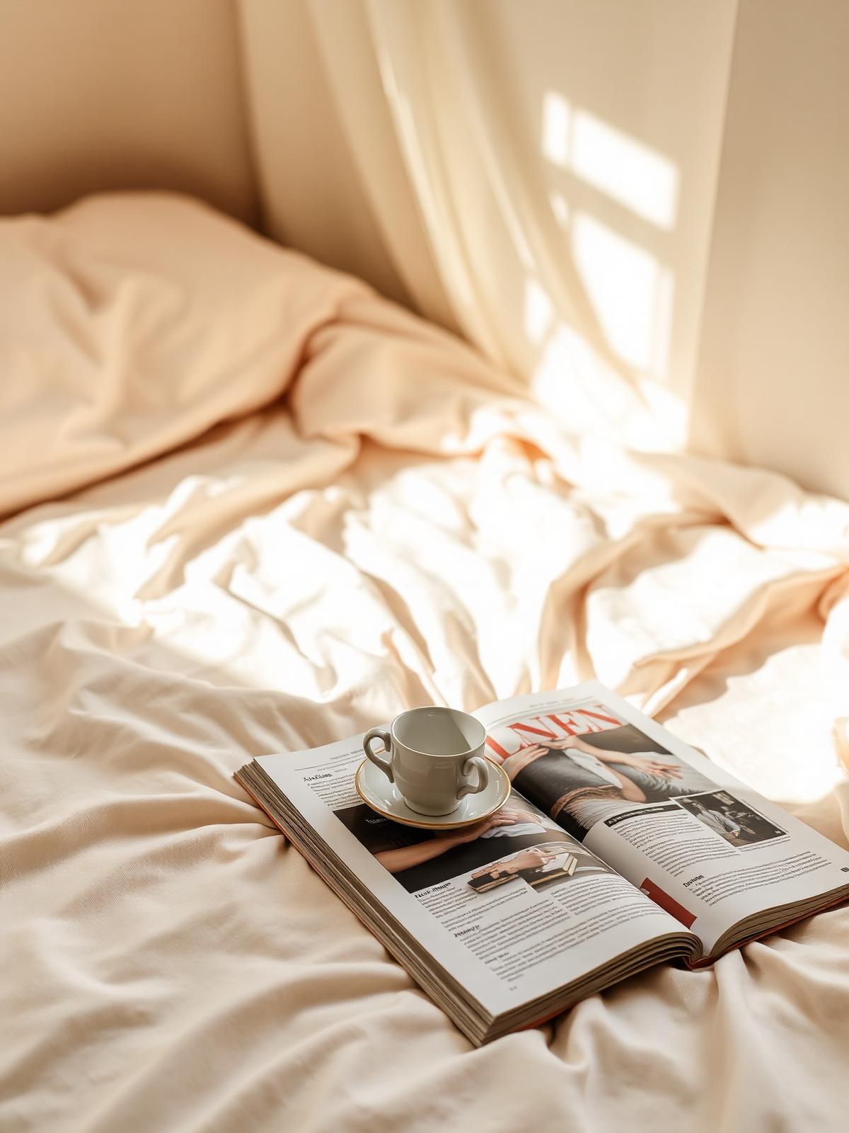 Soft morning bed with magazine and coffee