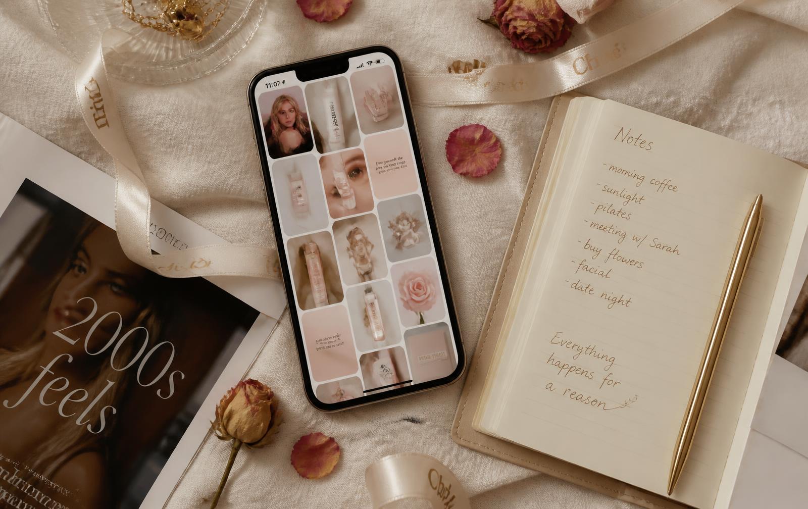 Cream flat-lay with a phone showing a vertical Pinterest board of soft pink beauty pins, a notebook of keyword notes, a gold pen and dried roses