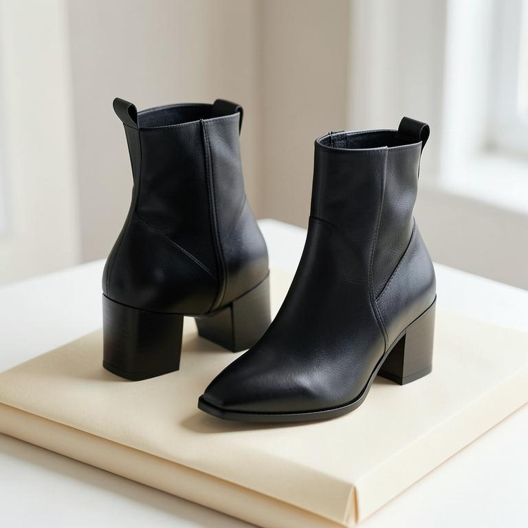 Black leather block-heel ankle boots