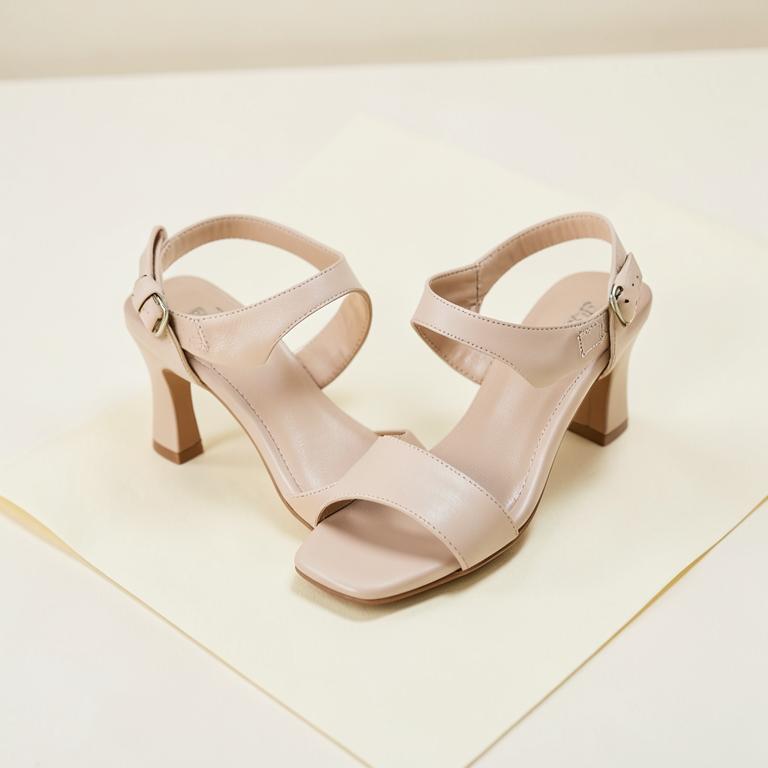 Nude strappy leather sandals with a slim mid heel