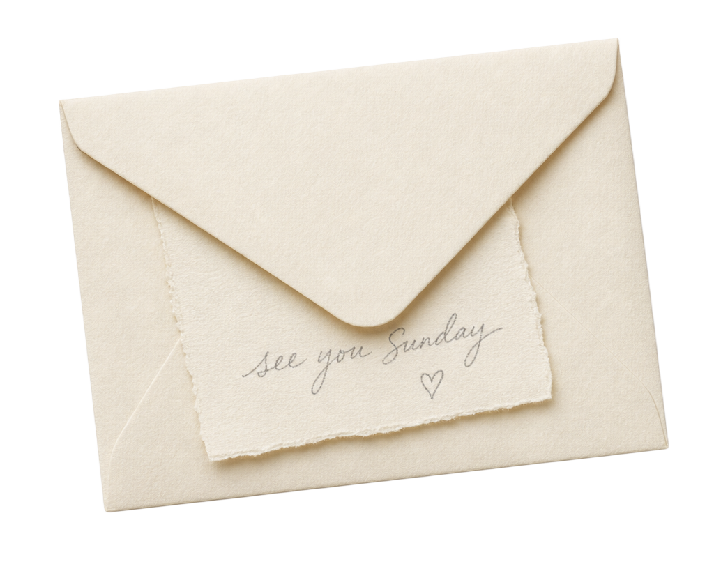A cream envelope with a torn note that reads see you Sunday