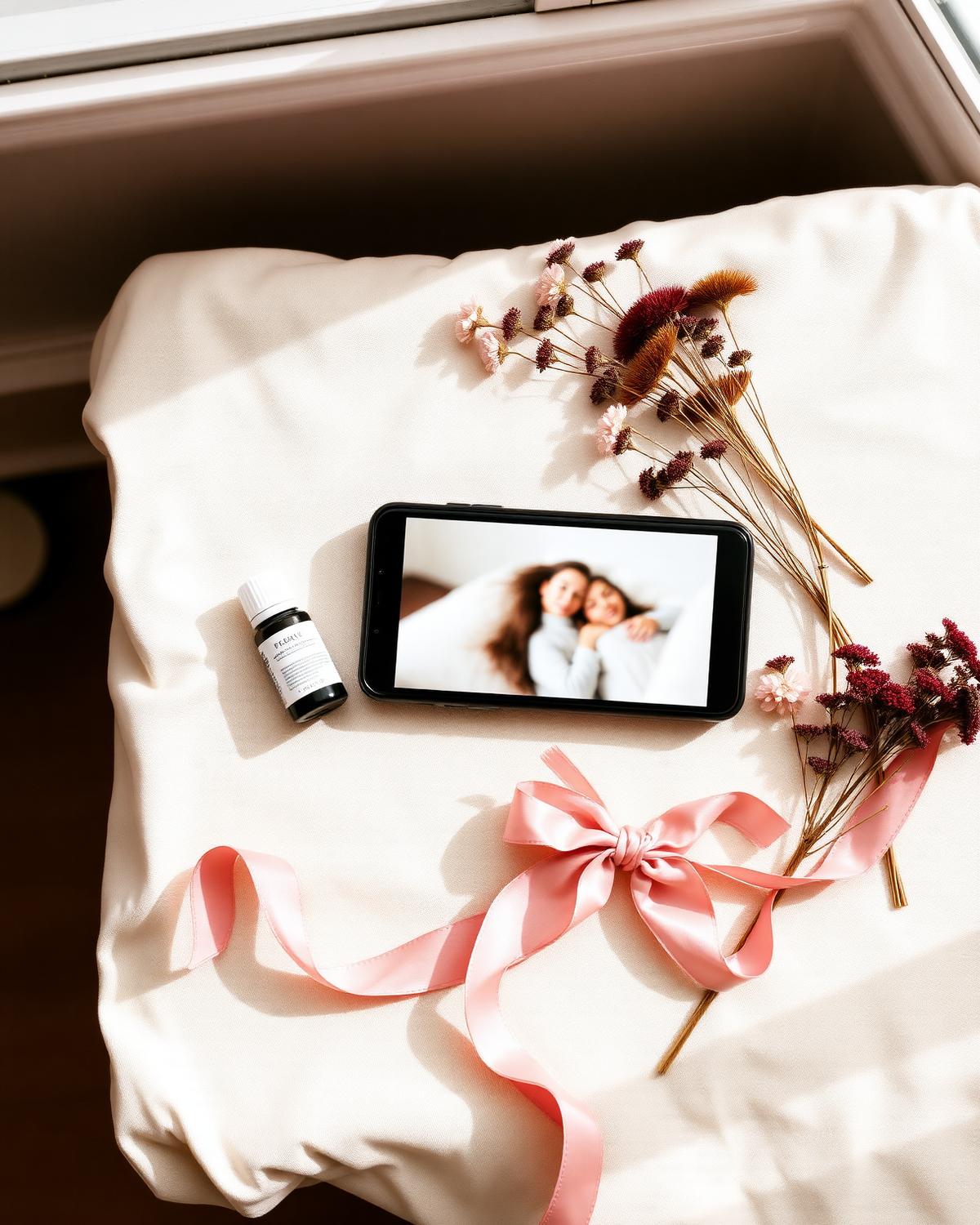 Viral beauty products laid out on cream linen beside a phone