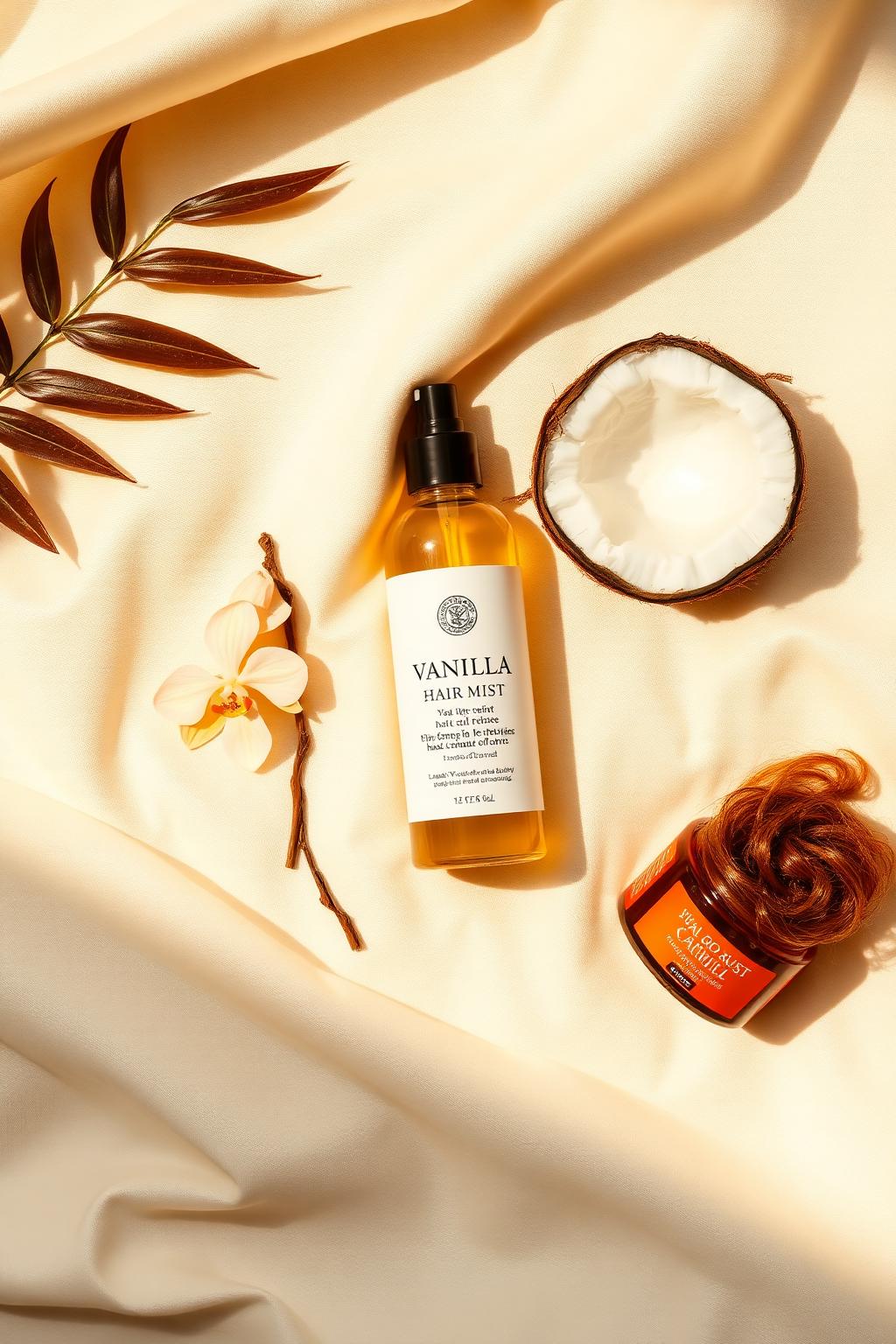 Vanilla and coconut curly hair flat lay with vanilla orchid and amber jar